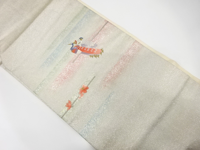 JAPANESE KIMONO / FLOWER PATTERN PEACOCK EMBROIDERY NAGOYA OBI